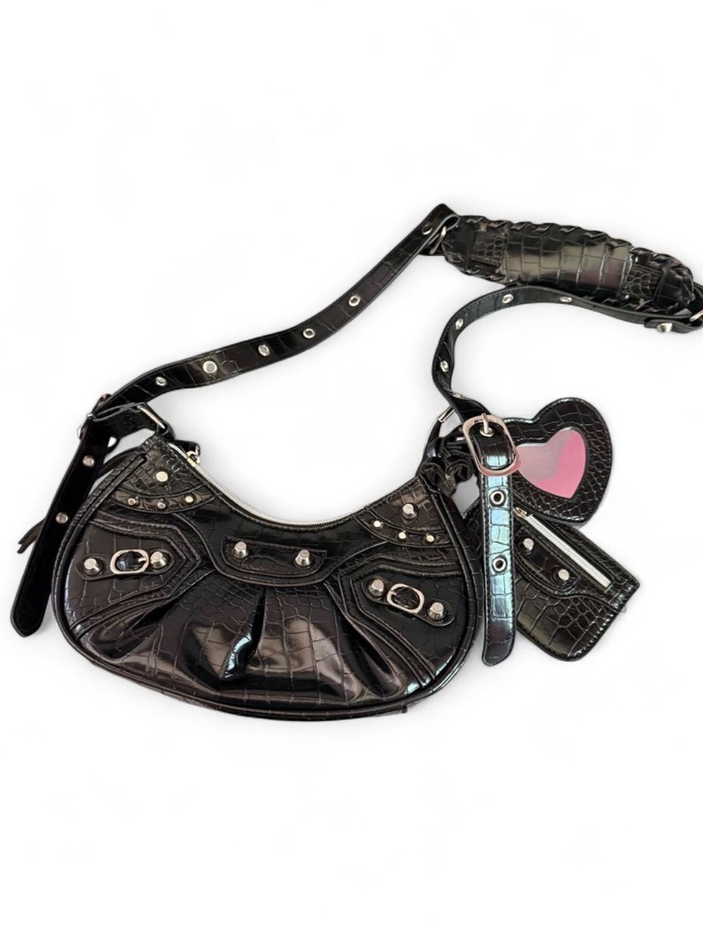 Black Croc-Embossed Shoulder Bag with Heart mirror brand new